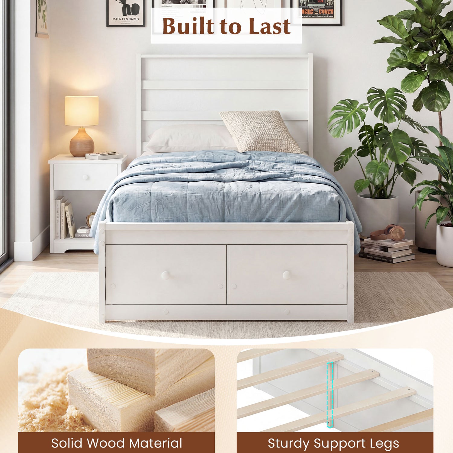 Twin Size Bed Frame with Storage Drawers and Headboard-White