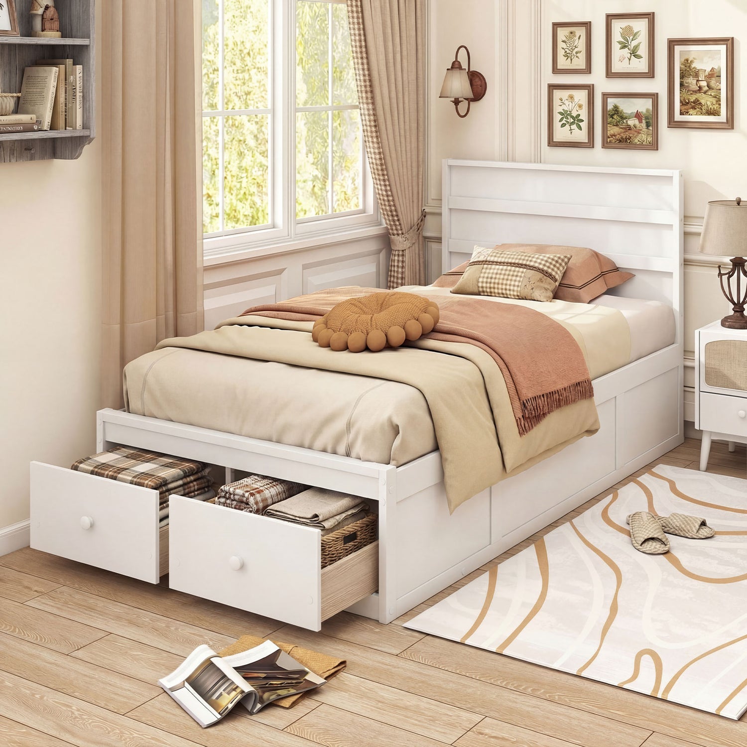 Twin Size Bed Frame with Storage Drawers and Headboard-White