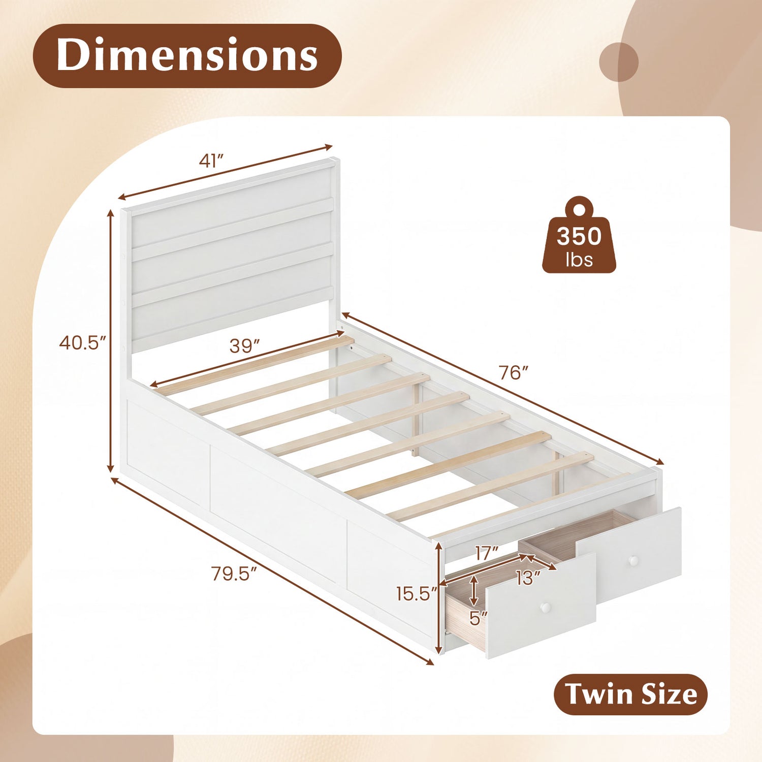 Twin Size Bed Frame with Storage Drawers and Headboard-White