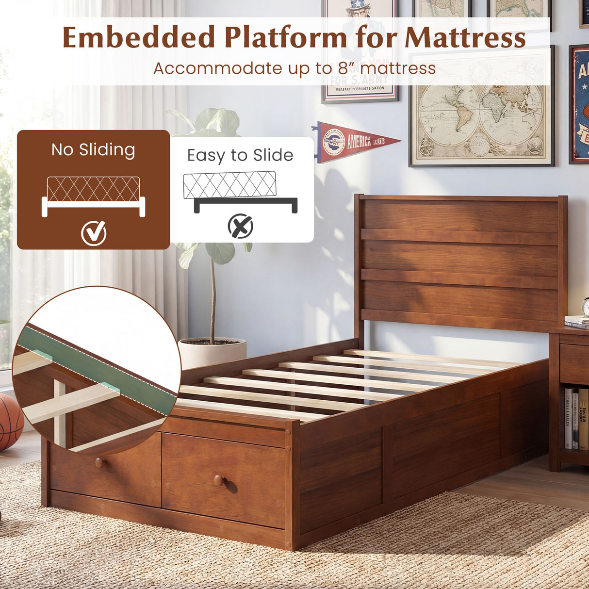 Twin Size Bed Frame with Storage Drawers and Headboard-Walnut