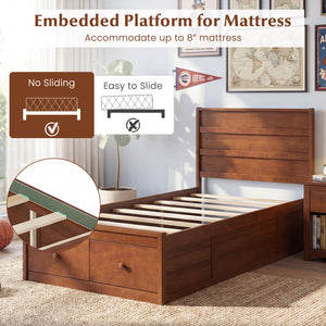 Twin Size Bed Frame with Storage Drawers and Headboard-Walnut