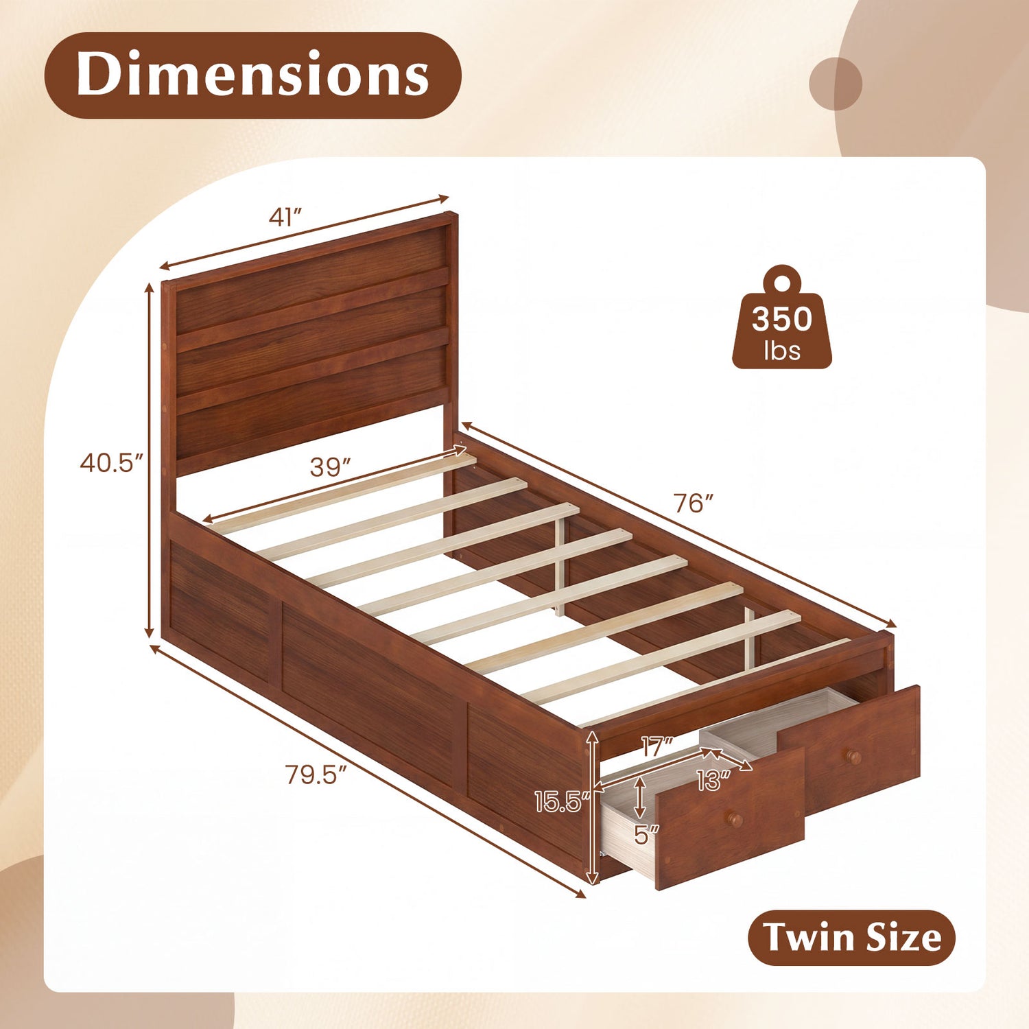 Twin Size Bed Frame with Storage Drawers and Headboard-Walnut