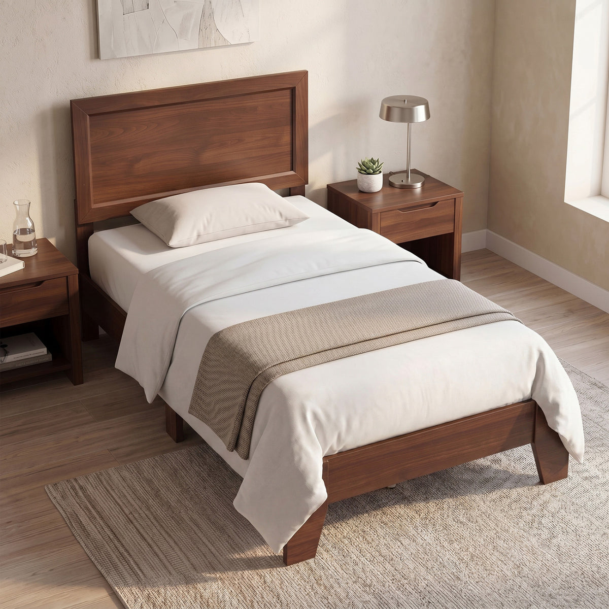Twin Size Bed Frame with Headboard for Small Room No Box Spring Needed-Walnut