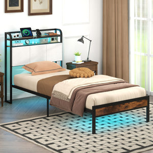 Twin/Full/Queen/King Size Bed Frame with LED Light and Charging Station-Twin Size