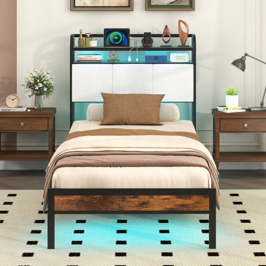 Twin/Full/Queen/King Size Bed Frame with LED Light and Charging Station-Twin Size
