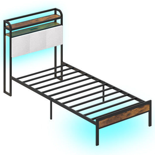 Twin/Full/Queen/King Size Bed Frame with LED Light and Charging Station-Twin Size