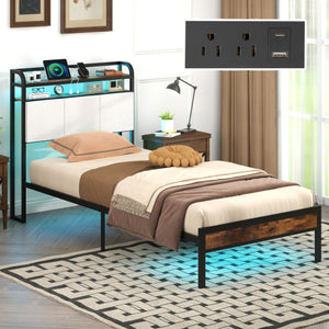 Twin/Full/Queen/King Size Bed Frame with LED Light and Charging Station-Twin Size