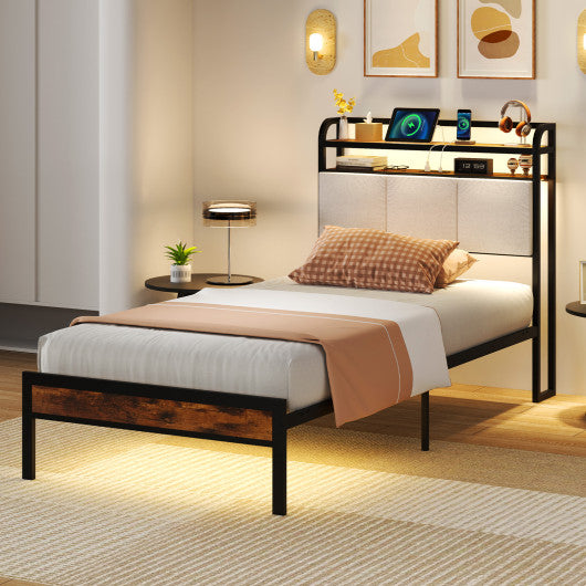 Twin/Full/Queen/King Size Bed Frame with LED Light and Charging Station-Twin Size