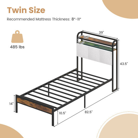 Twin/Full/Queen/King Size Bed Frame with LED Light and Charging Station-Twin Size