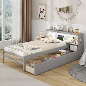 Twin Size Bed Frame with LED Light and Bookcase Headboard-Gray