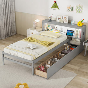 Twin Size Bed Frame with LED Light and Bookcase Headboard-Gray