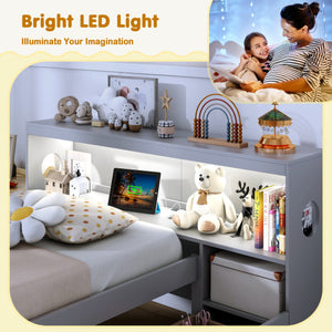 Twin Size Bed Frame with LED Light and Bookcase Headboard-Gray