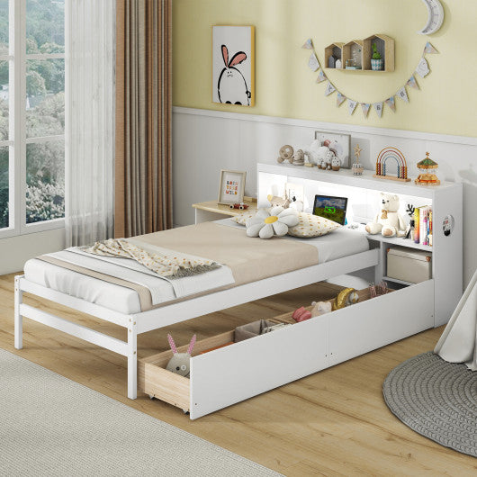 Twin Size Bed Frame with LED Light and Bookcase Headboard-White