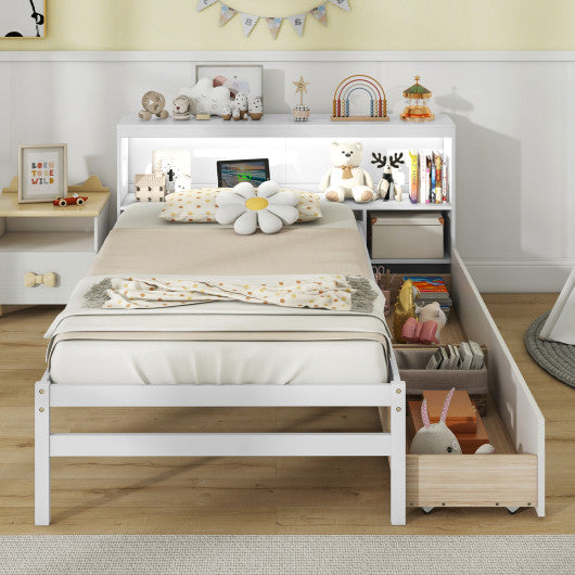 Twin Size Bed Frame with LED Light and Bookcase Headboard-White