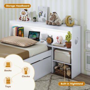 Twin Size Bed Frame with LED Light and Bookcase Headboard-White