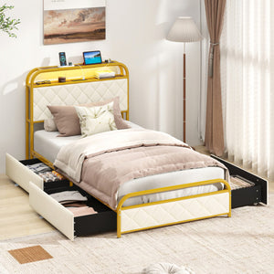 Twin/Full/Queen Size Bed Frame with LED Lights and Charging Station Gold-Twin Size