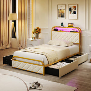 Twin/Full/Queen Size Bed Frame with LED Lights and Charging Station Gold-Twin Size