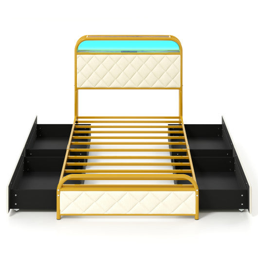 Twin/Full/Queen Size Bed Frame with LED Lights and Charging Station Gold-Twin Size