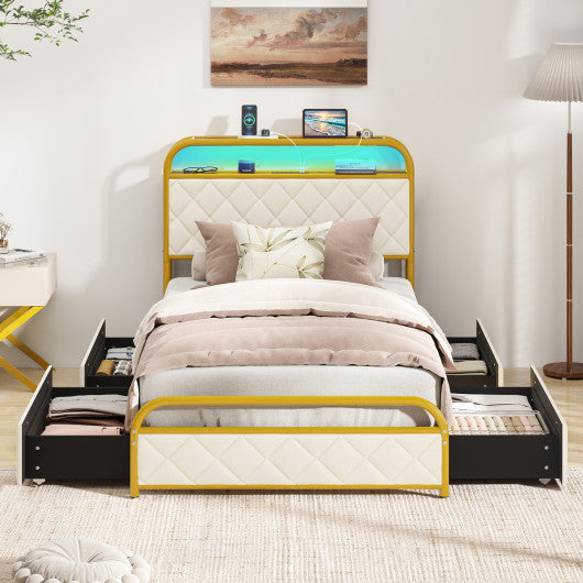 Twin/Full/Queen Size Bed Frame with LED Lights and Charging Station Gold-Twin Size