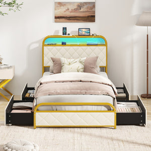 Twin/Full/Queen Size Bed Frame with LED Lights and Charging Station Gold-Twin Size