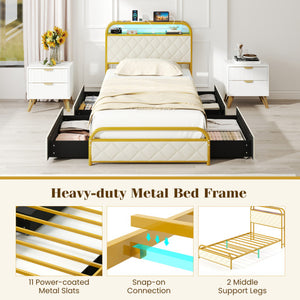 Twin/Full/Queen Size Bed Frame with LED Lights and Charging Station Gold-Twin Size