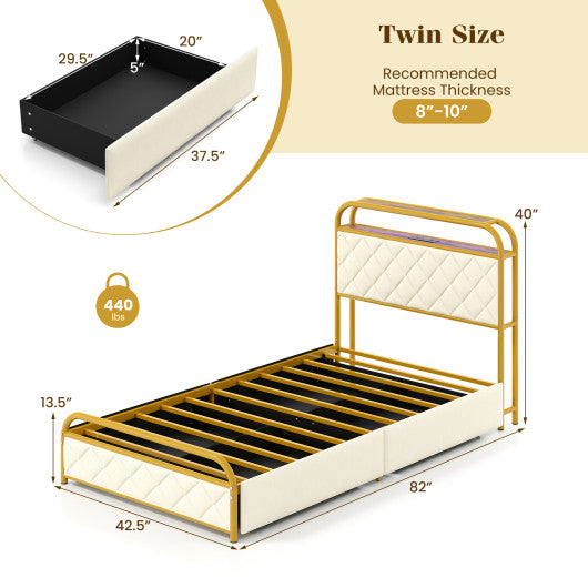Twin/Full/Queen Size Bed Frame with LED Lights and Charging Station Gold-Twin Size