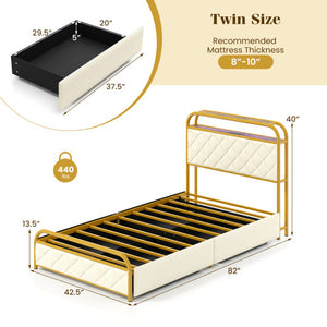Twin/Full/Queen Size Bed Frame with LED Lights and Charging Station Gold-Twin Size