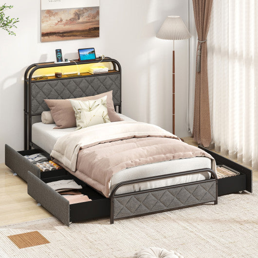 Twin/Full/Queen Size Bed Frame with LED Lights and Charging Station-Twin Size
