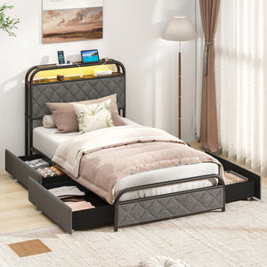 Twin/Full/Queen Size Bed Frame with LED Lights and Charging Station-Twin Size