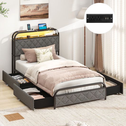Twin/Full/Queen Size Bed Frame with LED Lights and Charging Station-Twin Size