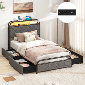 Twin/Full/Queen Size Bed Frame with LED Lights and Charging Station-Twin Size
