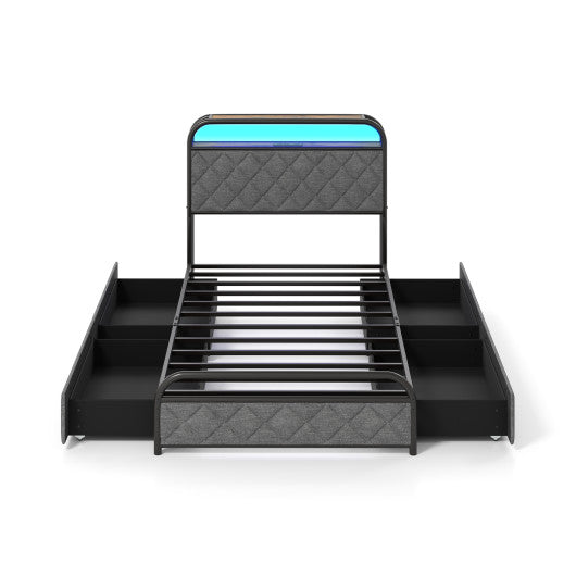 Twin/Full/Queen Size Bed Frame with LED Lights and Charging Station-Twin Size