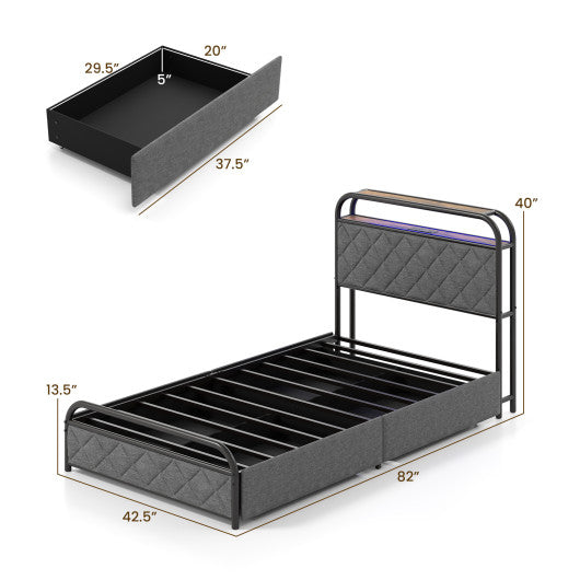 Twin/Full/Queen Size Bed Frame with LED Lights and Charging Station-Twin Size
