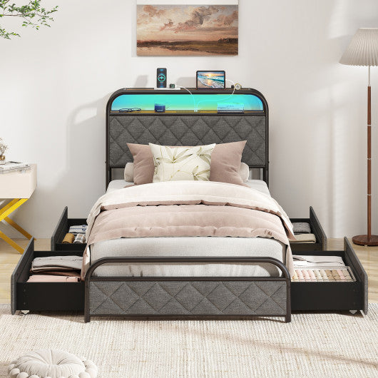Twin/Full/Queen Size Bed Frame with LED Lights and Charging Station-Twin Size