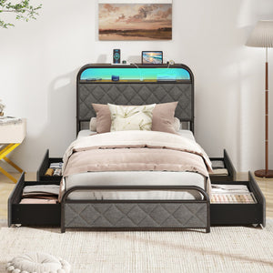 Twin/Full/Queen Size Bed Frame with LED Lights and Charging Station-Twin Size