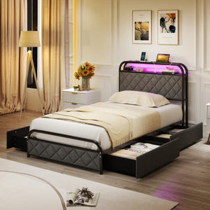 Twin/Full/Queen Size Bed Frame with LED Lights and Charging Station-Twin Size
