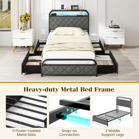 Twin/Full/Queen Size Bed Frame with LED Lights and Charging Station-Twin Size