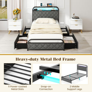 Twin/Full/Queen Size Bed Frame with LED Lights and Charging Station-Twin Size