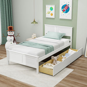Twin Size Bed Frame with Storage Drawers-White