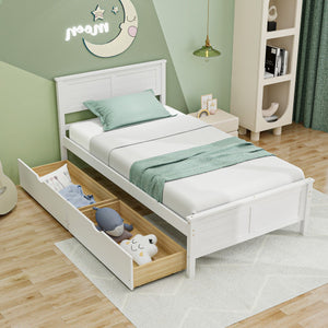 Twin Size Bed Frame with Storage Drawers-White