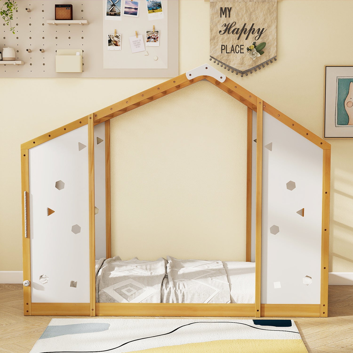 Twin Size Climbing Bed 2-in-1 Montessori Floor Bed with Monkey Bars-Natural and White