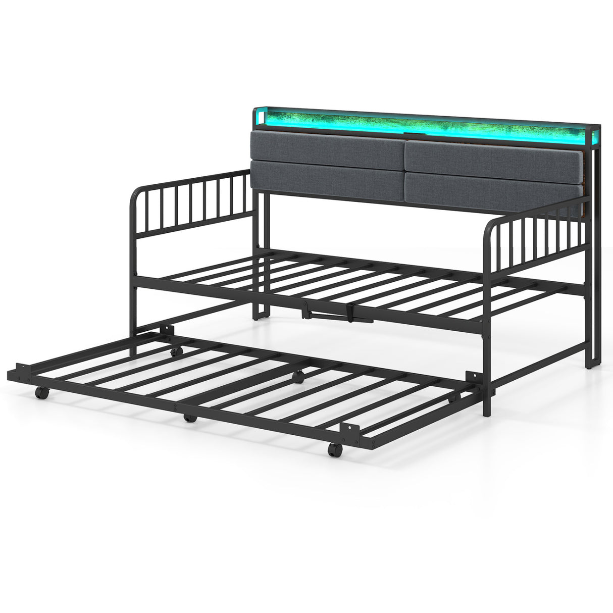 Twin Size Daybed with Trundle and Metal Bed Frame with Headboard-Rustic Brown