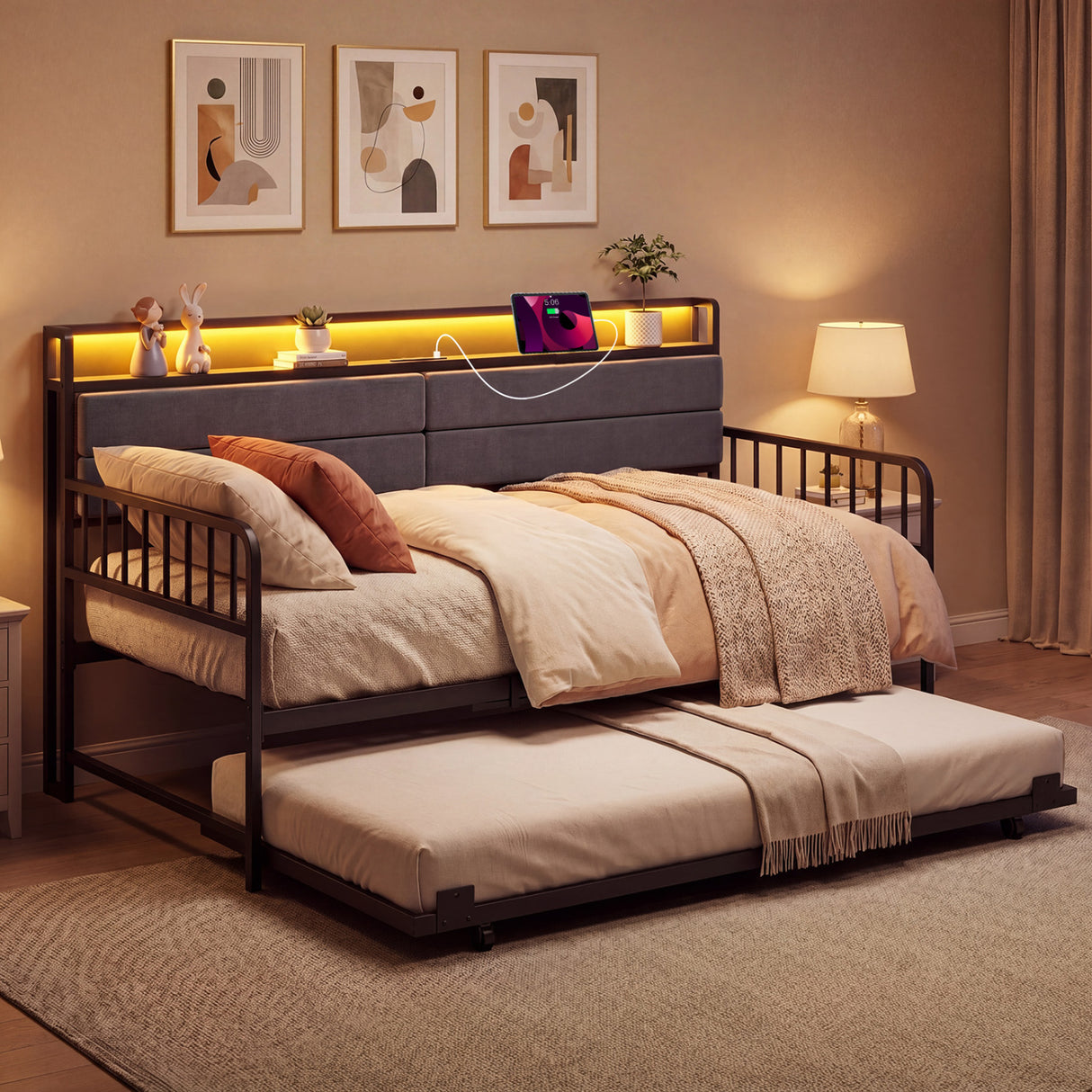 Twin Size Daybed with Trundle and Metal Bed Frame with Headboard-Rustic Brown