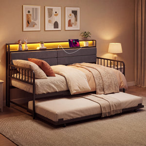 Twin Size Daybed with Trundle and Metal Bed Frame with Headboard-Rustic Brown