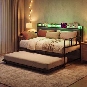 Twin Size Daybed with Trundle and Metal Bed Frame with Headboard-Rustic Brown