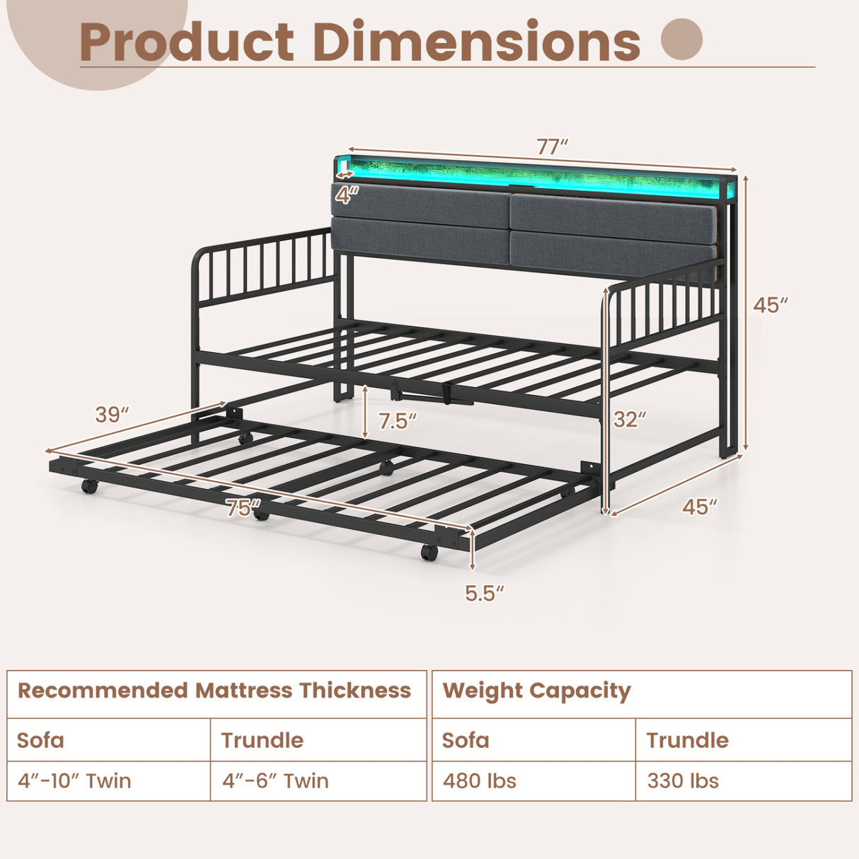 Twin Size Daybed with Trundle and Metal Bed Frame with Headboard-Rustic Brown