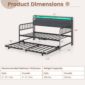 Twin Size Daybed with Trundle and Metal Bed Frame with Headboard-Rustic Brown