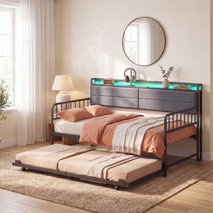 Twin Size Daybed with Trundle and Metal Bed Frame with Headboard-Rustic Brown