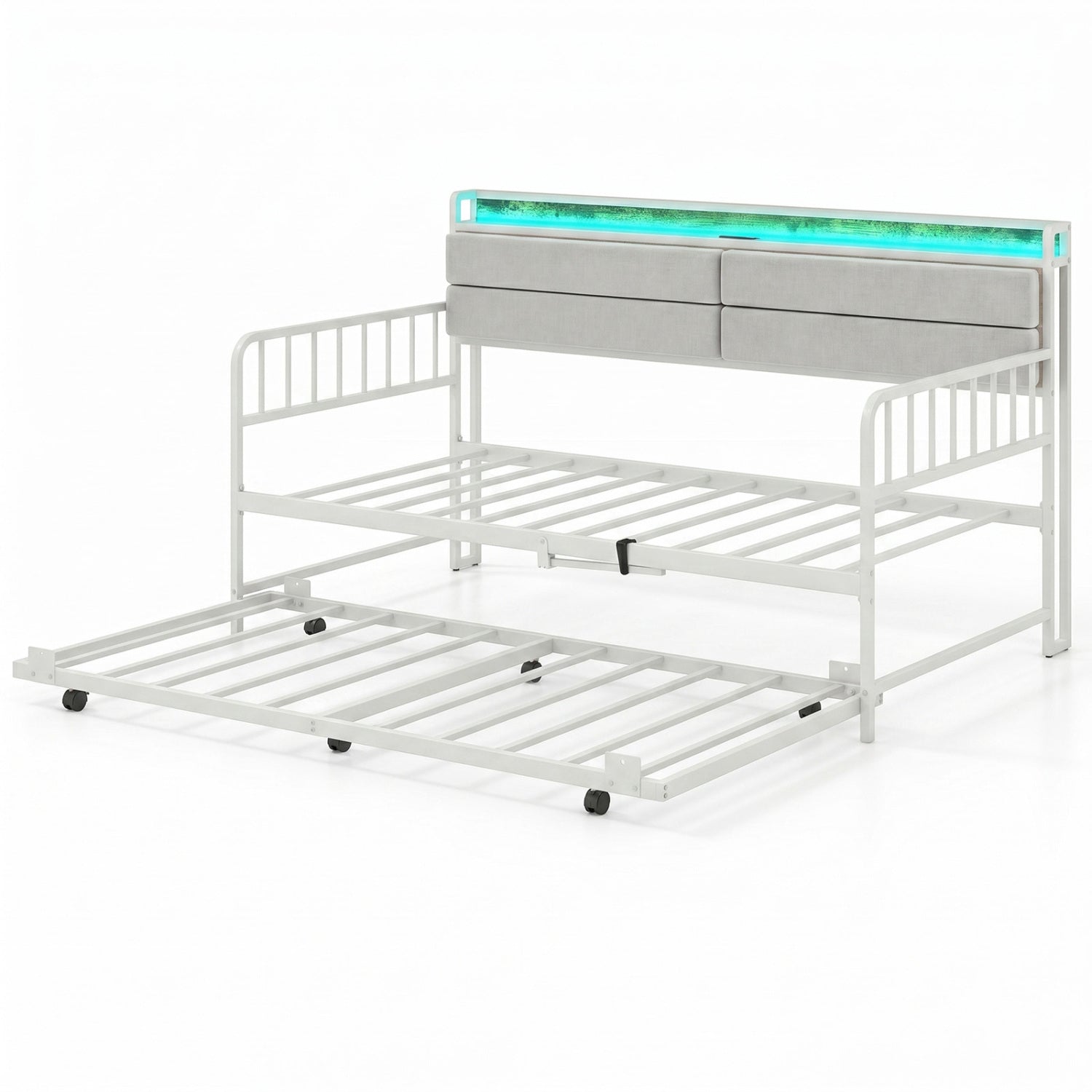 Twin Size Daybed with Trundle and Metal Bed Frame with Headboard-White