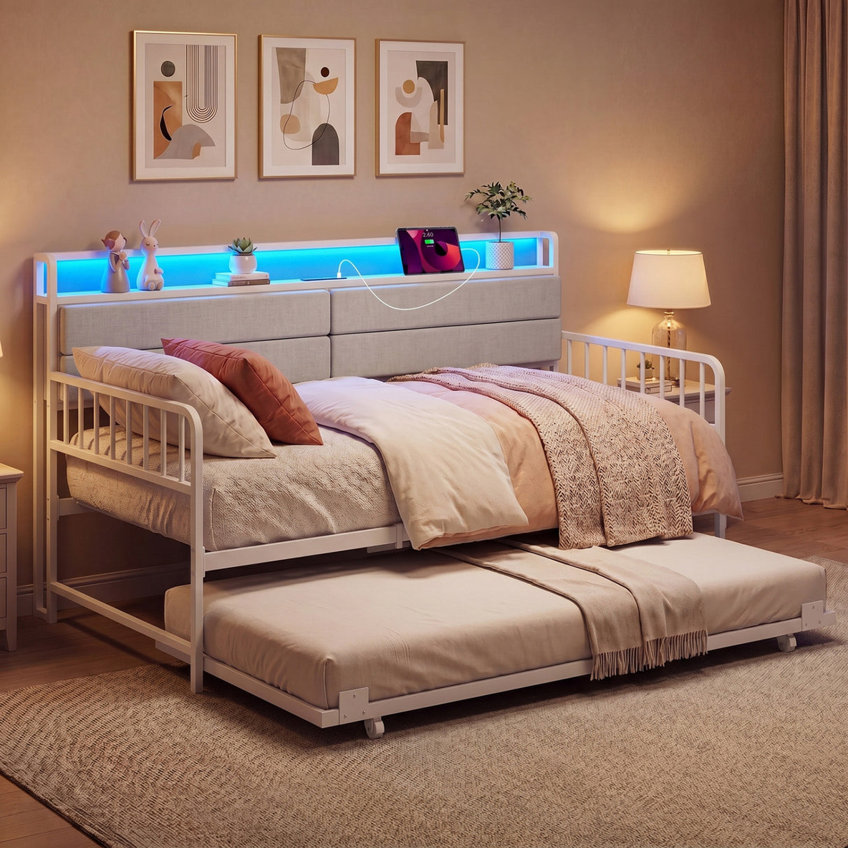 Twin Size Daybed with Trundle and Metal Bed Frame with Headboard-White